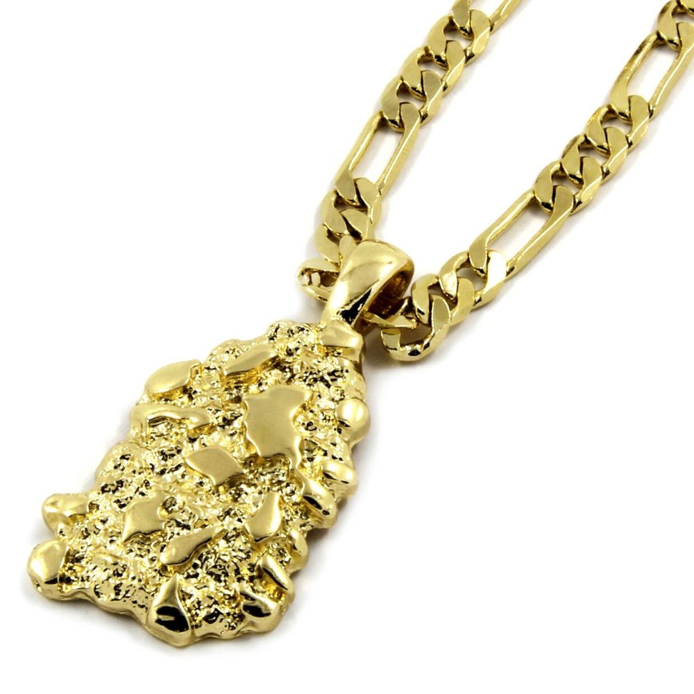 14k Gold Nugget 24" Figaro Chain + Pendant